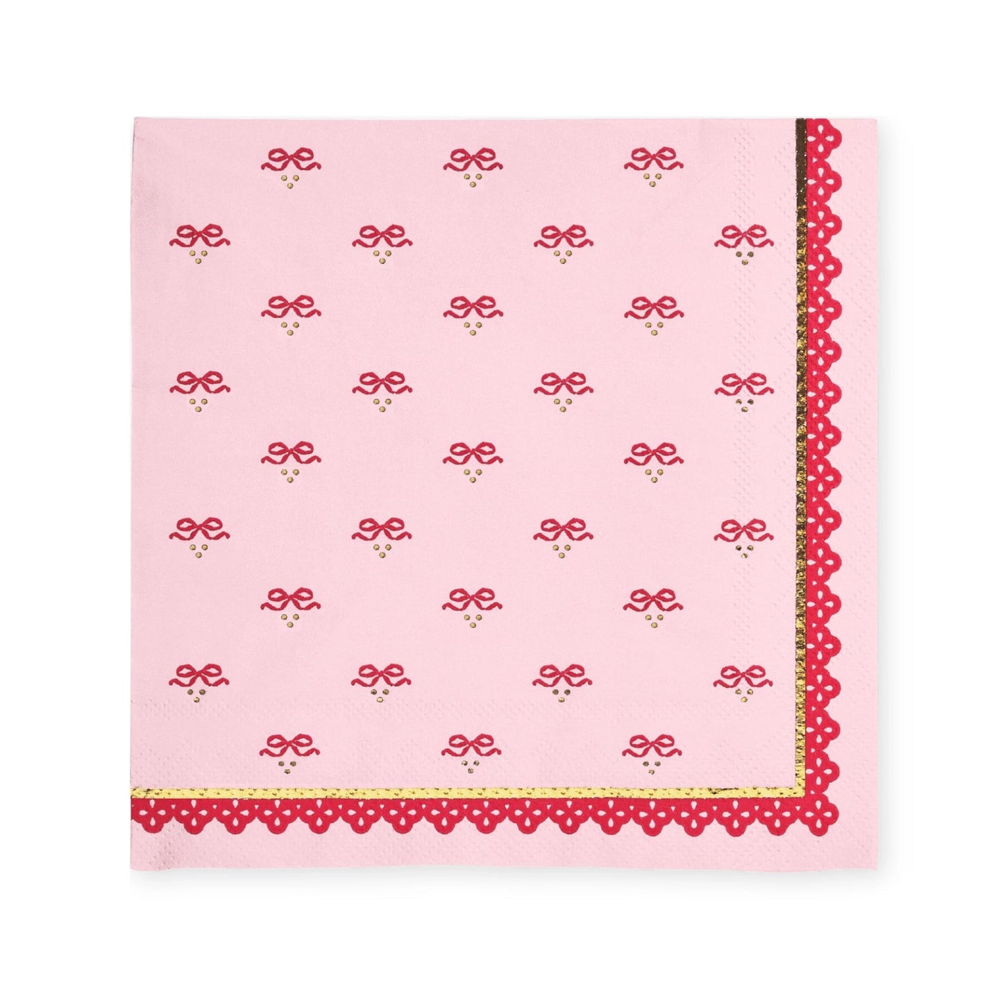 Pink napkin with decorative bow pattern on a white background