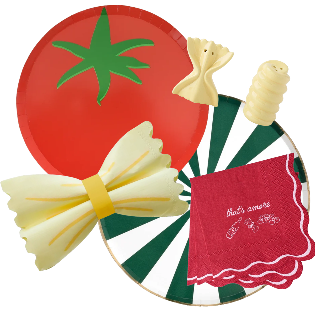 A pasta-themed party tableware set featuring a red tomato plate, green and white striped plates, red napkins with white script reading 'that's amore', and yellow pasta cutlery on a white background.