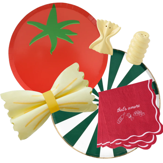 A pasta-themed party tableware set featuring a red tomato plate, green and white striped plates, red napkins with white script reading 'that's amore', and yellow pasta cutlery on a white background.