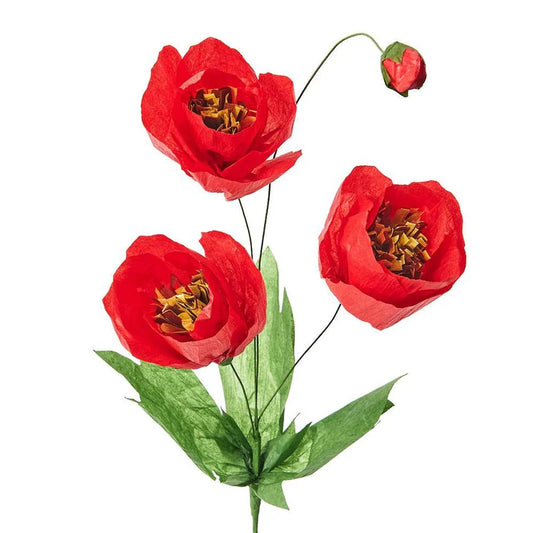 Red paper flowers with green stems and leaves on a white background