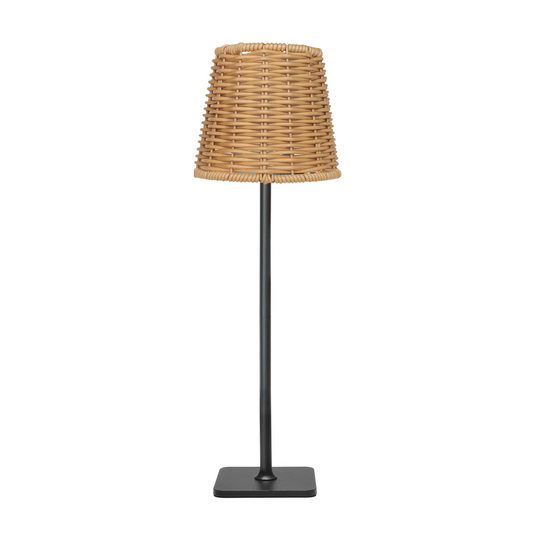 A rechargeable lamp with a natural woven rattan shade and a matte black metal stand with a square base, shown against a plain white background.