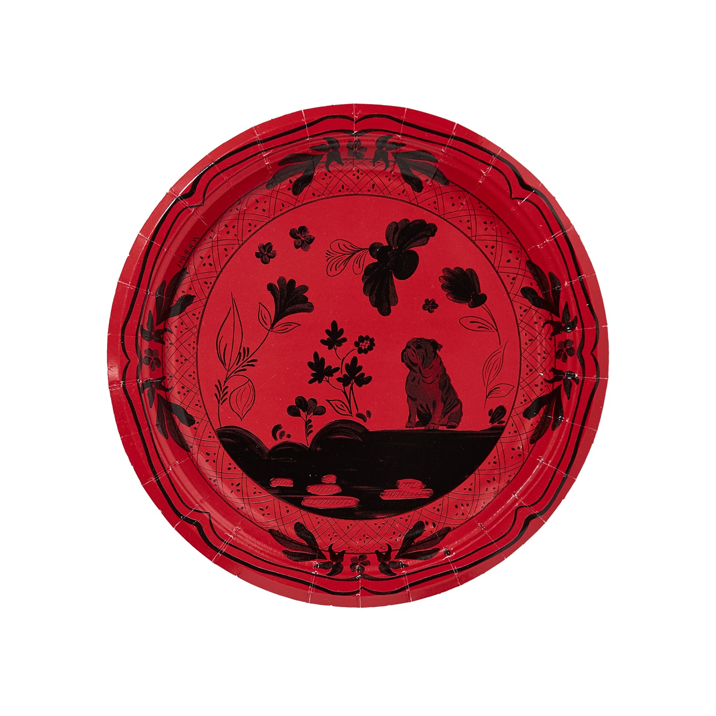 Red Pavilion paper plate with black bulldog design on a white background