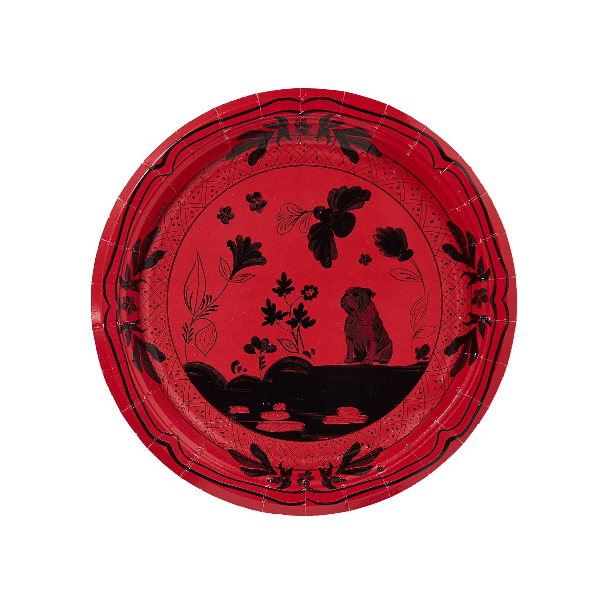 Red Pavilion paper plate with black bulldog design on a white background