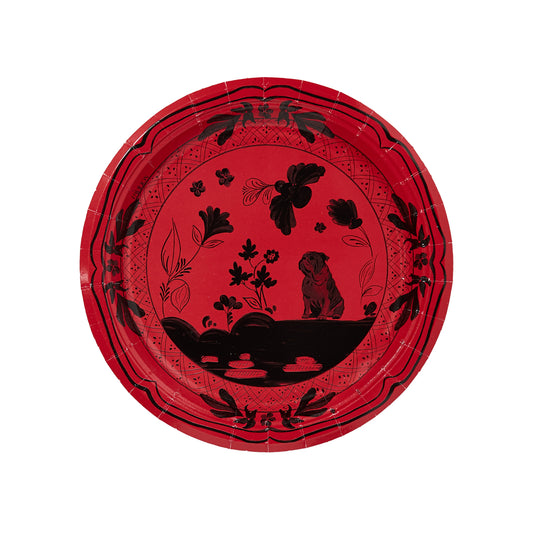 Red Pavilion paper plate with black bulldog design on a white background