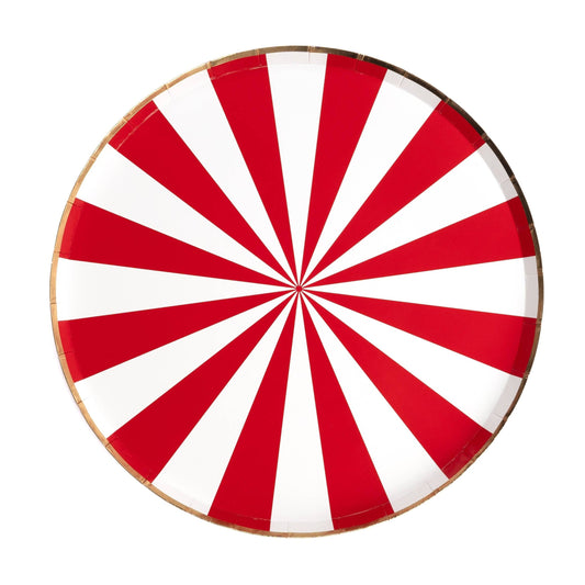 Red and white striped wheel paper plate on a white background