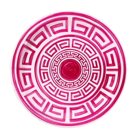 paper plate with pink greek key design with geometric pattern 