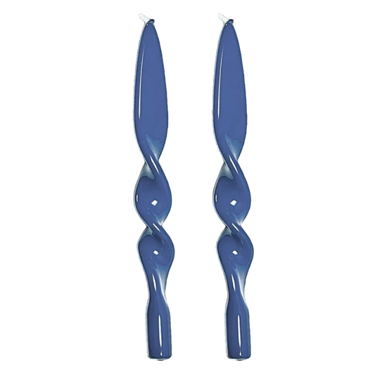 Two blue twisted spiral candles standing upright on a plain white background.