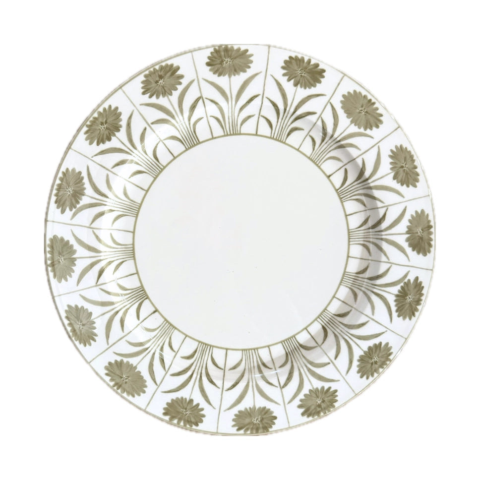 A round decorative plate with a white center and a wide border featuring a repeating olive green floral and leaf pattern on a white background.
