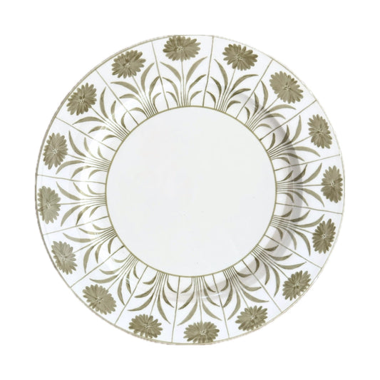 A round decorative plate with a white center and a wide border featuring a repeating olive green floral and leaf pattern on a white background.