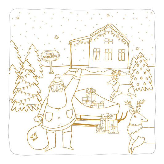 A square white placemat eaturing a gold line-art illustration of Santa Claus in a snowy holiday scene. The drawing includes Santa with a sack, a sled with wrapped presents, decorated trees, a house, reindeer, and stars.