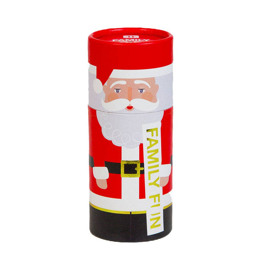 Red cylindrical game with a cartoon Santa Claus design on a white background