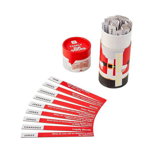 Set of joke cards in a Santa-themed container on a white background