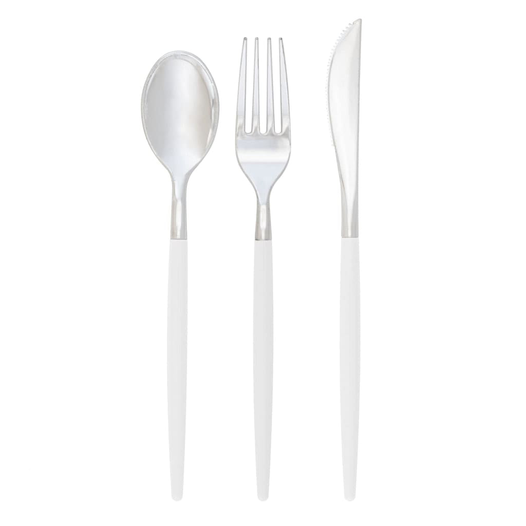 Set of silver cutlery including a spoon, fork, and knife on a white background 