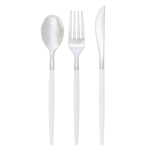 Set of silver cutlery including a spoon, fork, and knife on a white background 