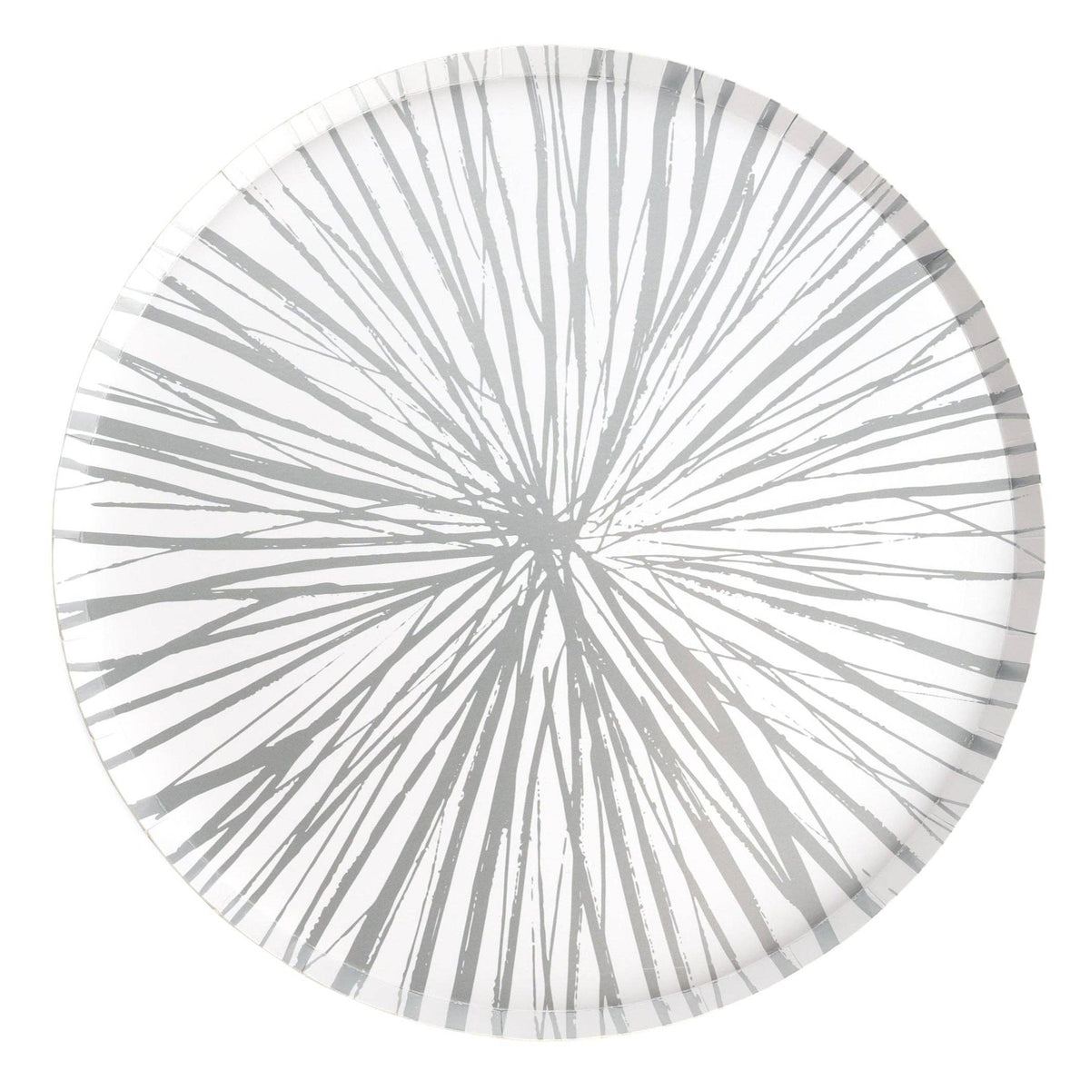 Round decorative paper plate with radiating lines on a white background