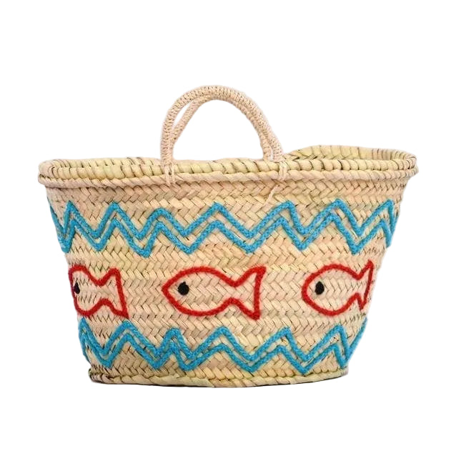 Handwoven Straw Market Basket with Fish Embroidery