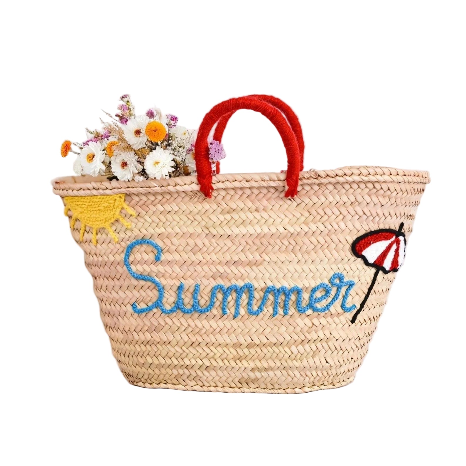Woven bag with 'Summer' embroidery, red handles, and decorative elements on a white background