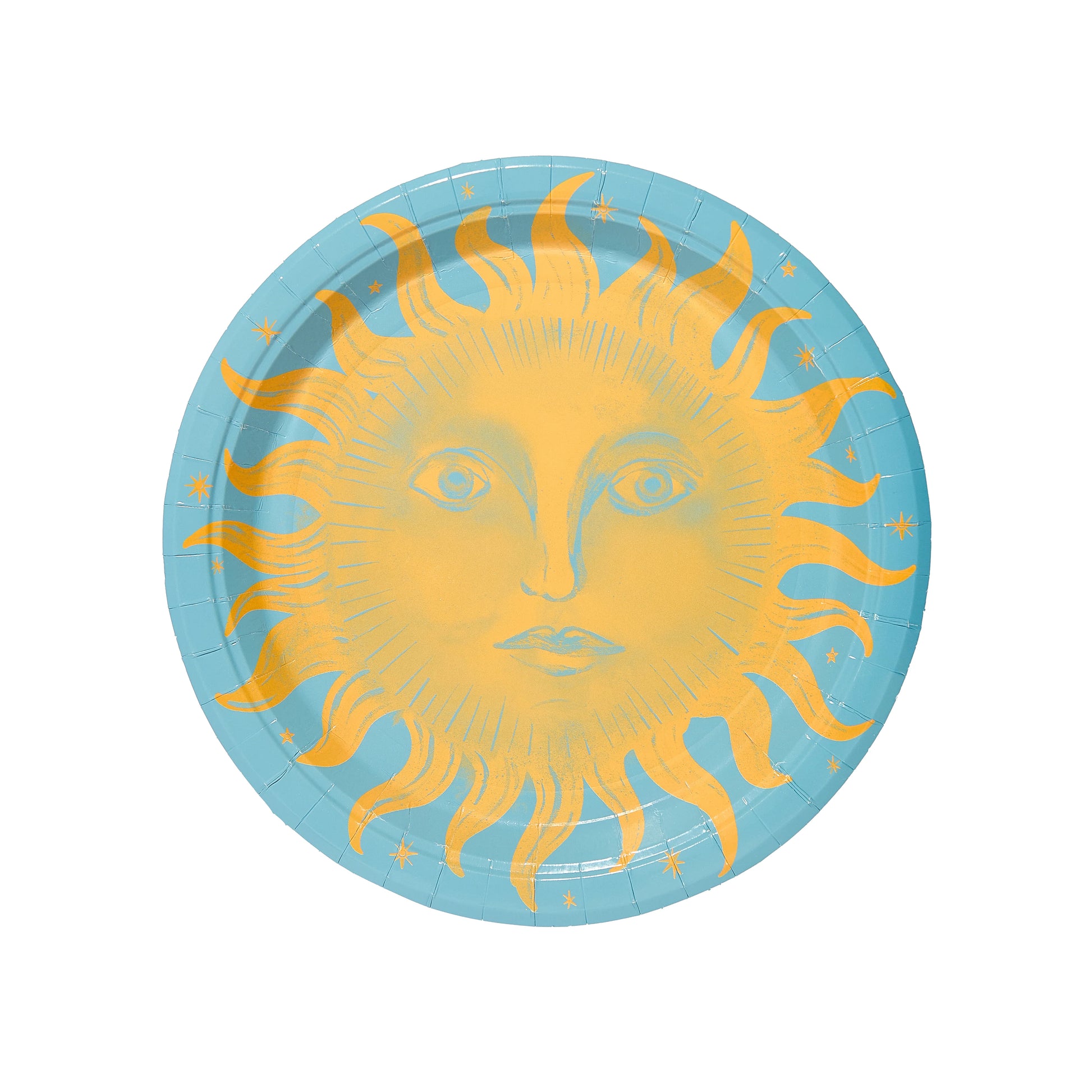 Paper plate with yellow sun design on a turquoise background by Pavilion