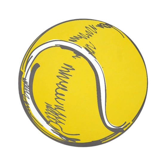 Yellow tennis ball with black lines on a light gray background