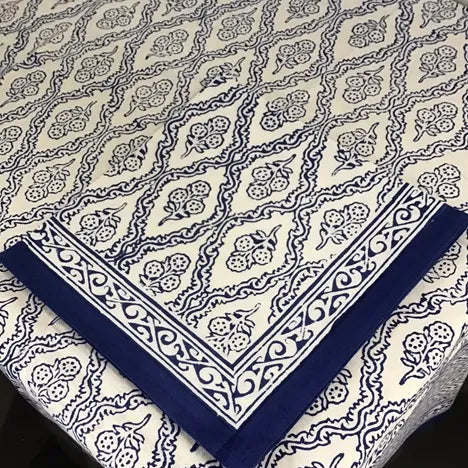 navy and white blockprint tablecloth