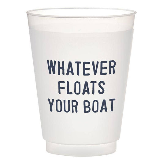 Frosted cup with 'Whatever Floats Your Boat' text on a white background