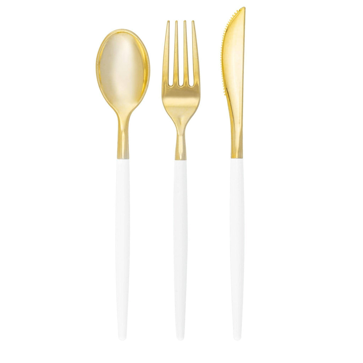 Three-piece party cutlery set with gold-tone metal heads and white handles, shown on a plain white background 