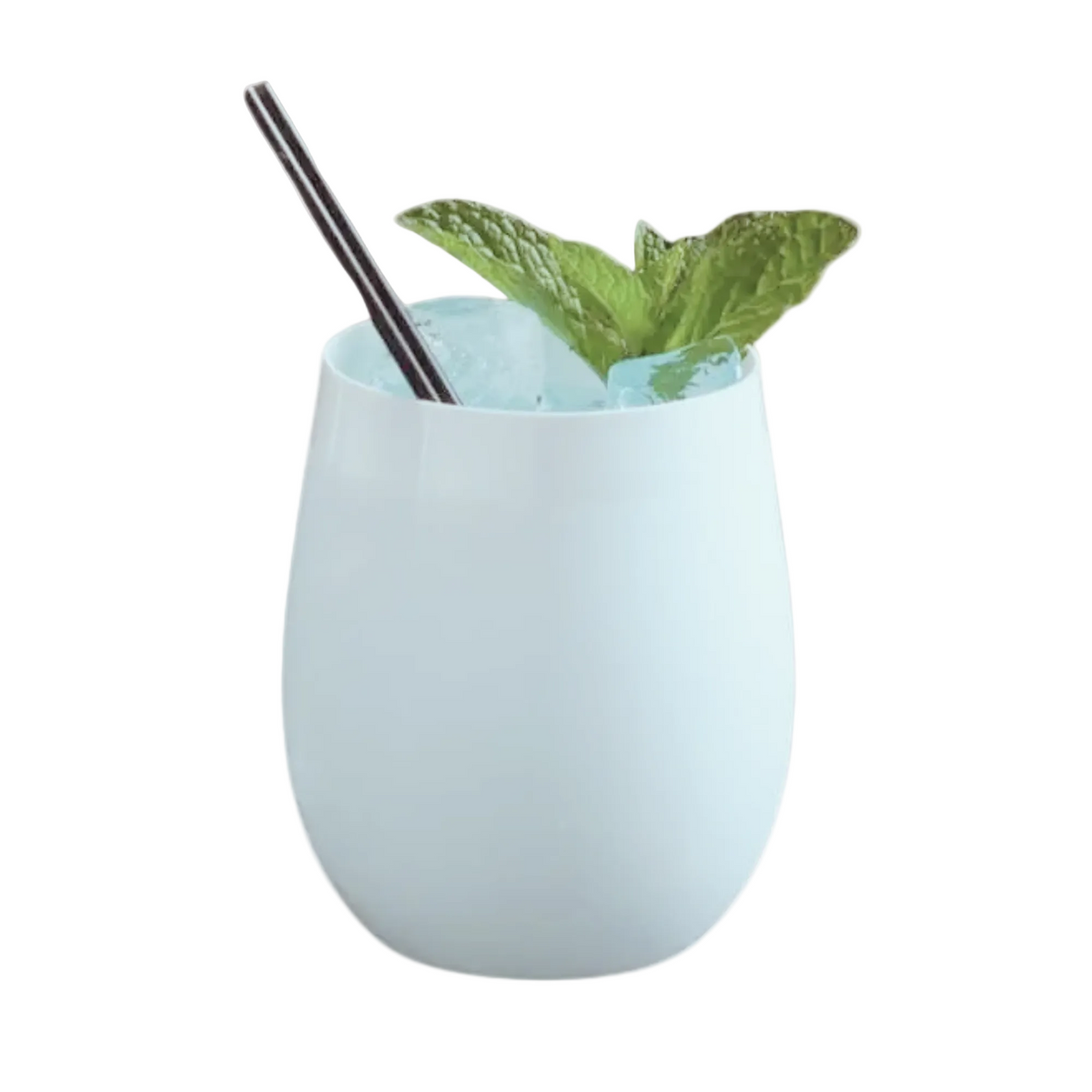 A white stemless wine glass filled with ice, garnished with a mint leaf, and accompanied by a black straw, isolated on a white background.