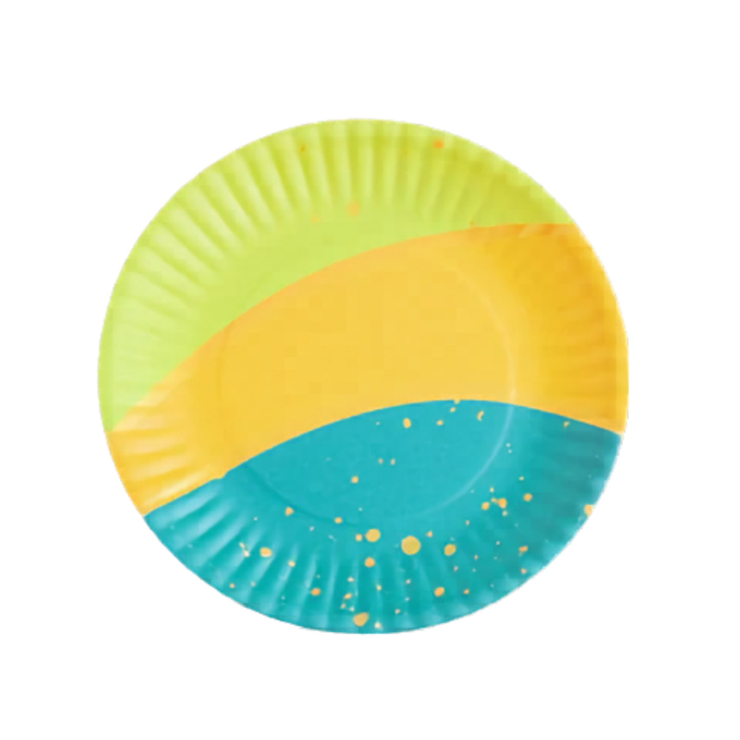 Colorful melamine plate with green, yellow, and blue design by Glitterville