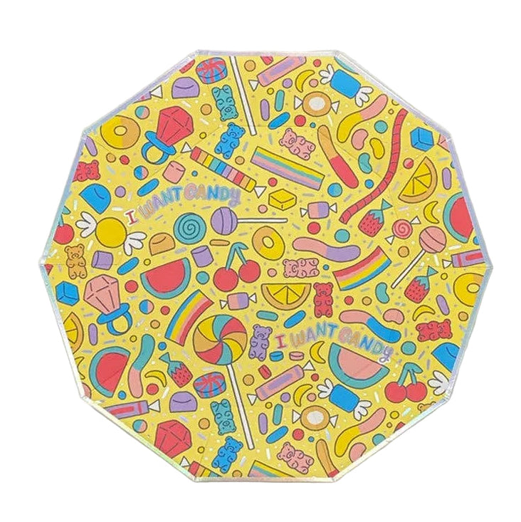 decagonal yellow paper plate with colorful candy-themed design 