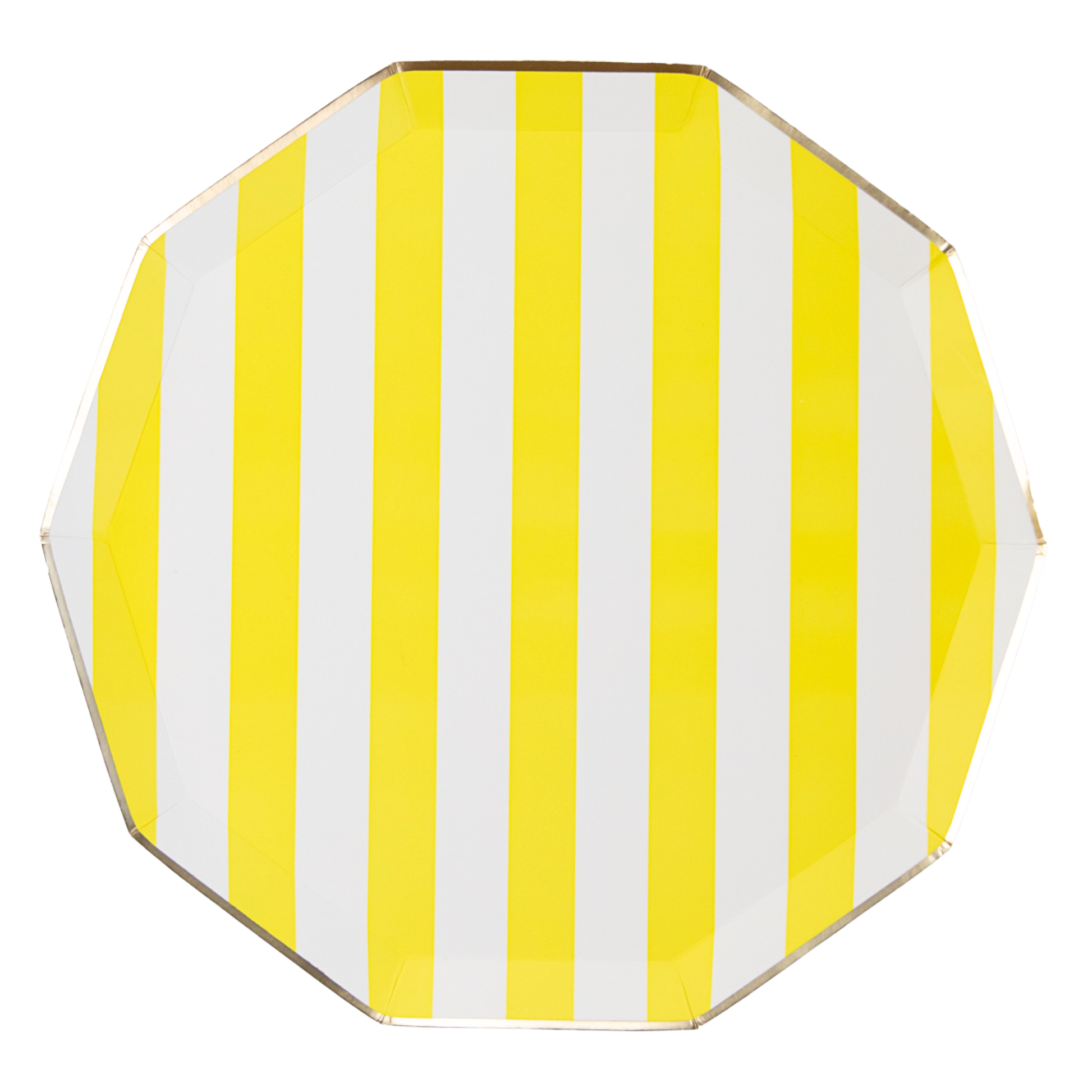 paper plate with yellow and white vertical stripes on a white background