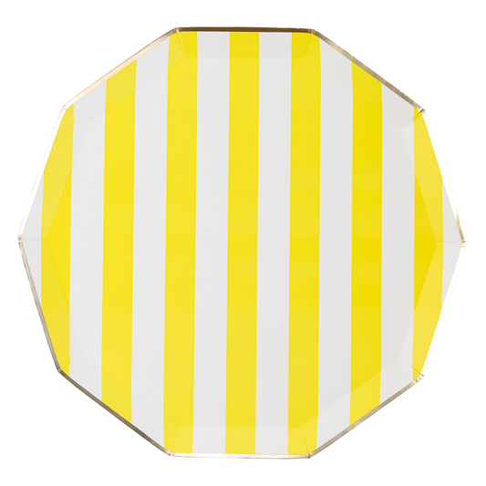 paper plate with yellow and white vertical stripes on a white background